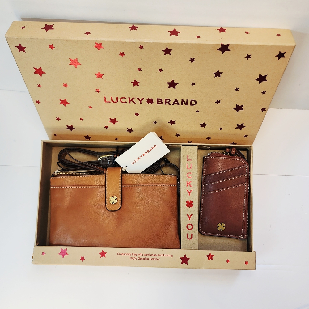 NEW Lucky Brand Bell Box Genuine Leather Crossbody & Card Case Keyring Gift Set